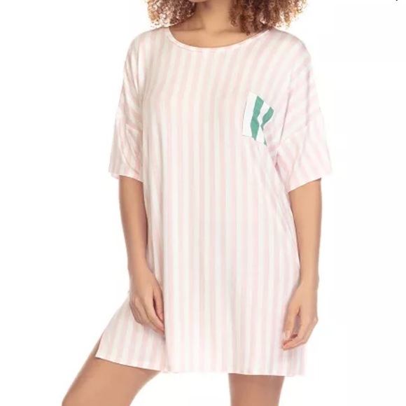 Honeydew Good Times Pink White Striped Sleep Shirt Short Sleeve Pocket Size L - Picture 1 of 11
